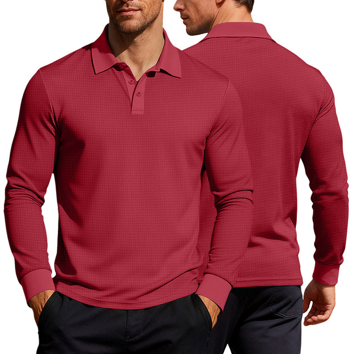 Men's long sleeve polo shirt made of waffle knit with a slim fit, concealed button placket, and shirt collar StylebySassy