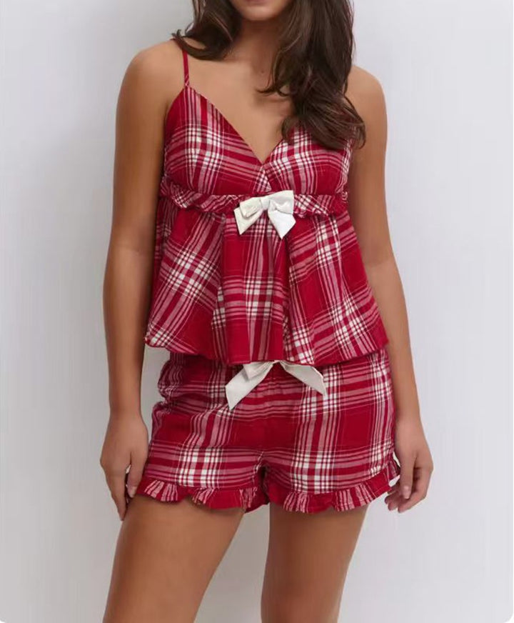 Women Checkered Spaghetti Strap Sleep Top with Gathered Underbust and Decorative Bow StylebySassy