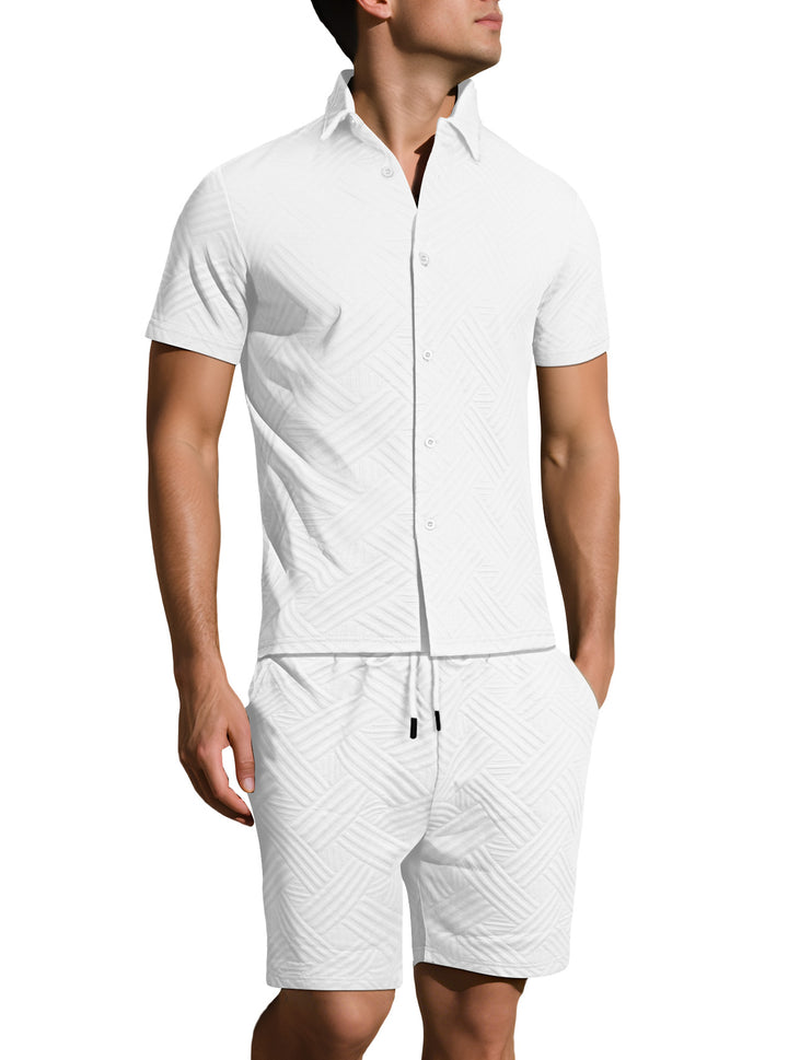 Men's lightweight short-sleeve shirt and Bermuda two-piece set with embossed woven texture and drawstring waistband StylebySassy