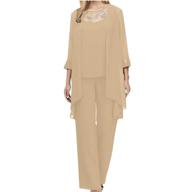 Women's flowing chiffon evening ensemble with lace trim, kimono cardigan and wide palazzo pants StylebySassy