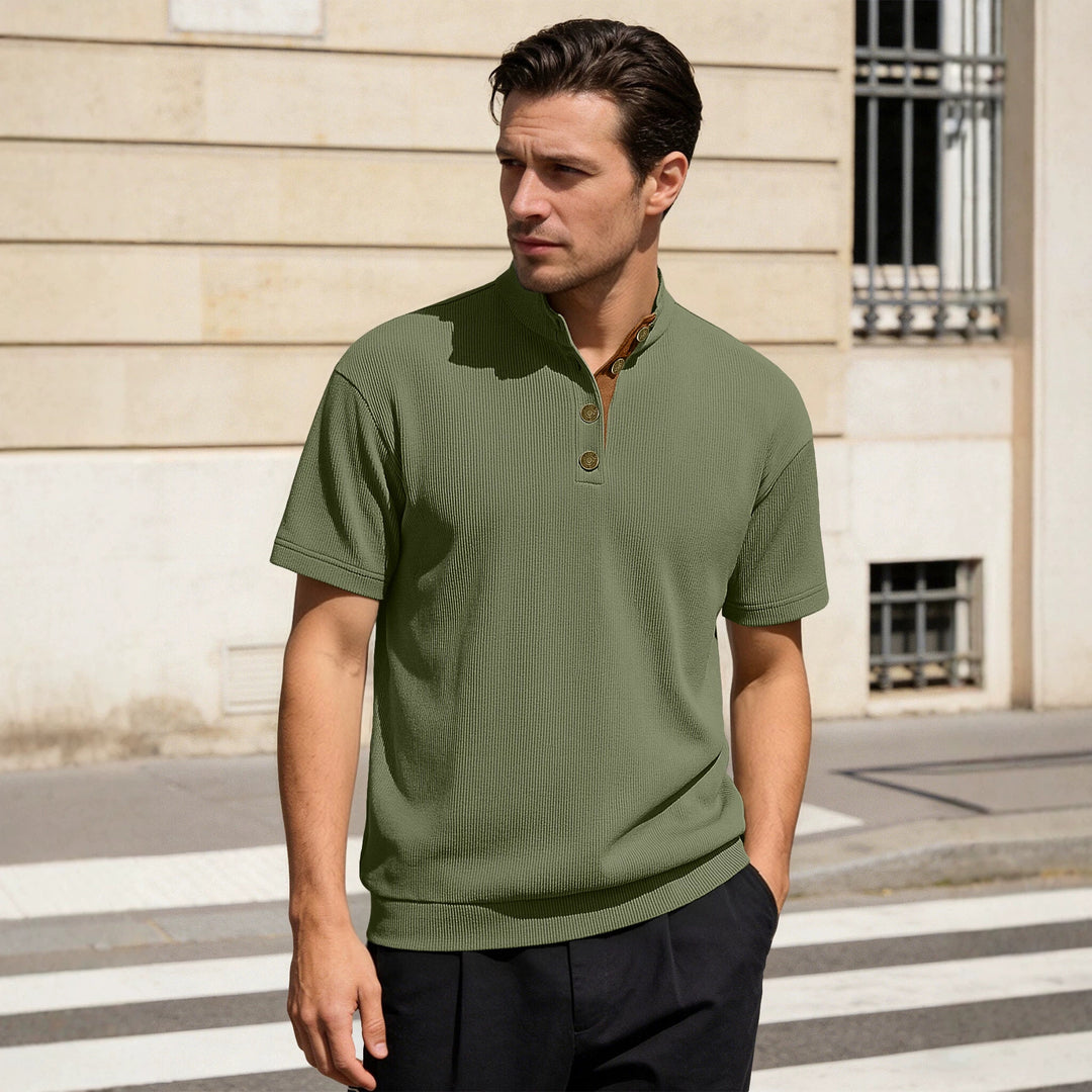 Men's Waffle Structure Short Sleeve Henley with Stand-Up Collar and Decorative Button Placket StylebySassy