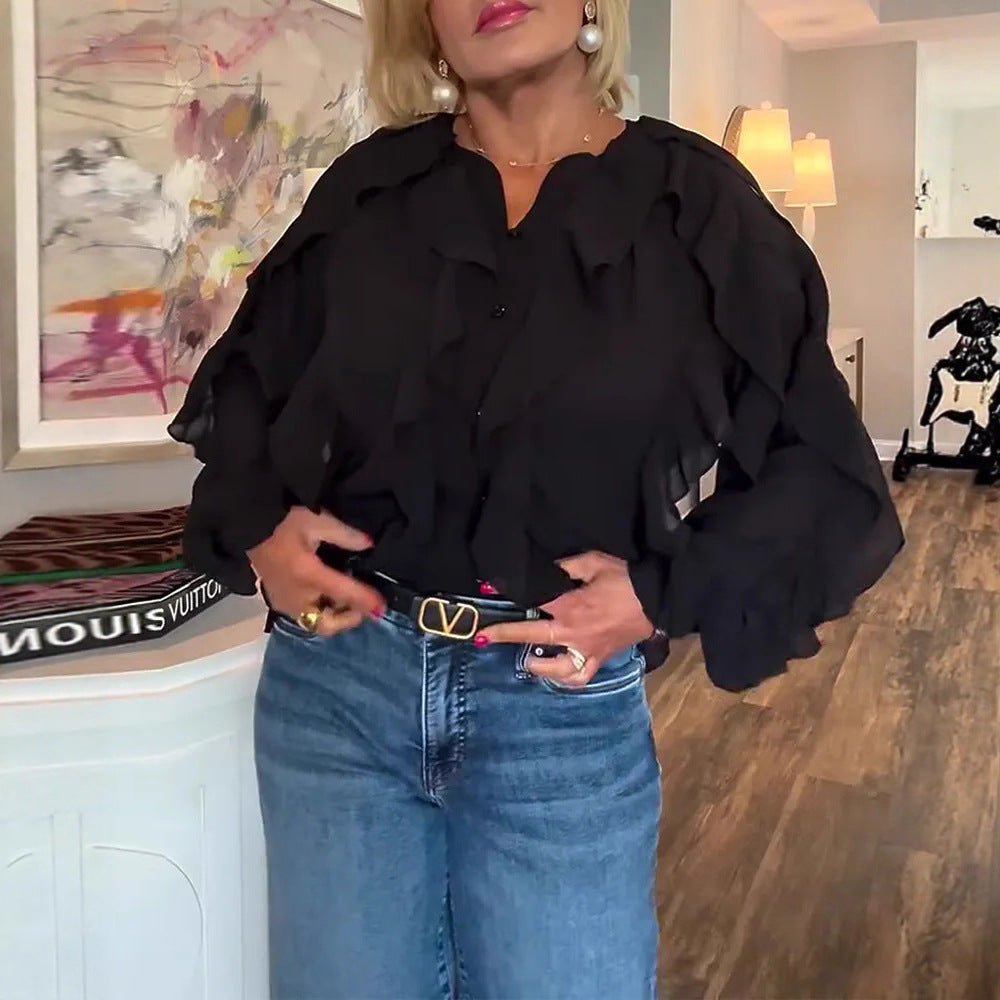 Women's semi-transparent layered ruffle blouse made of chiffon with balloon sleeves and hidden button placket StylebySassy