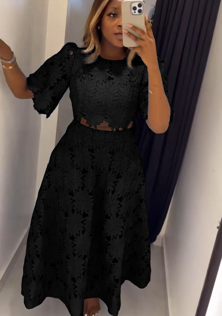 Ladies two-piece guipure lace set with cropped blouse and flared midi skirt StylebySassy