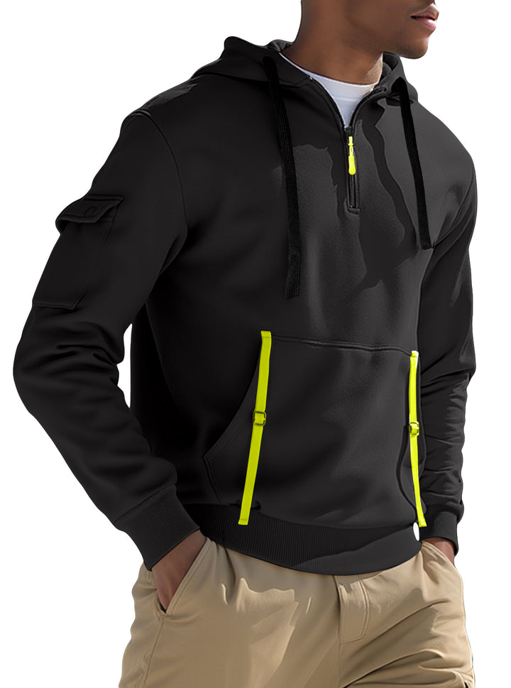 Men's Nano Urban Tech Hooded Half-Zip Pullover with Utility Arm Pocket, Kangaroo Pocket, and Adjustable Zipper Tapes StylebySassy