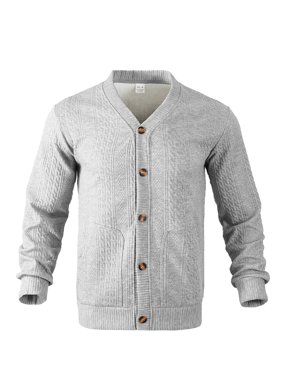 Men's elegant braided knit cardigan with V-neck button placket and patch pockets StylebySassy