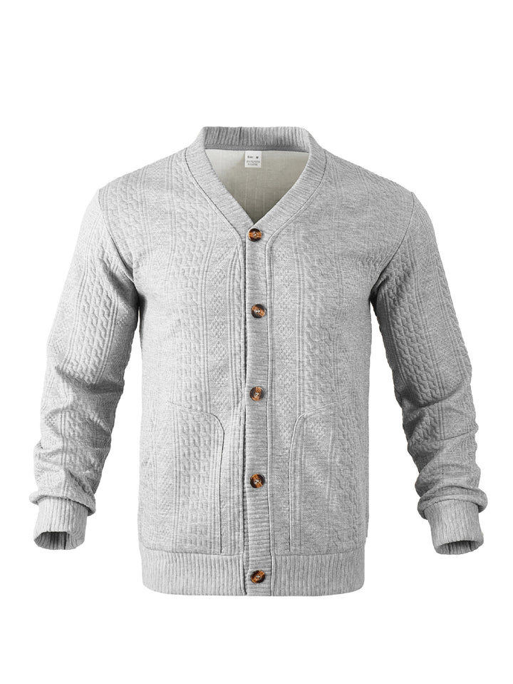 Men's elegant braided knit cardigan with V-neck button placket and patch pockets StylebySassy