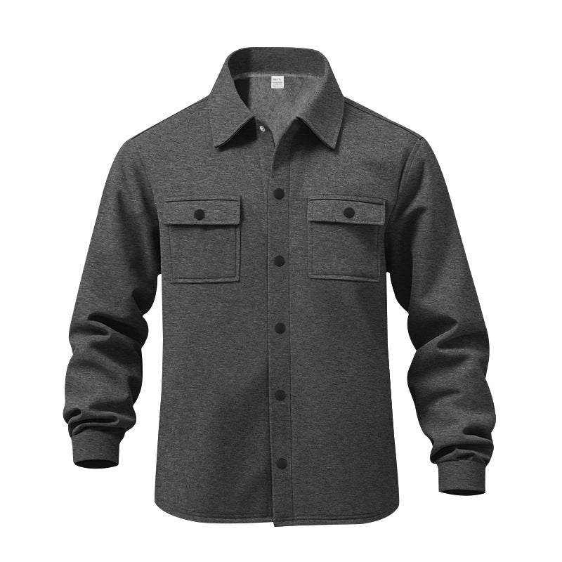 Men's unlined shirt jacket with fleece lining, patch chest pockets and snap button placket StylebySassy