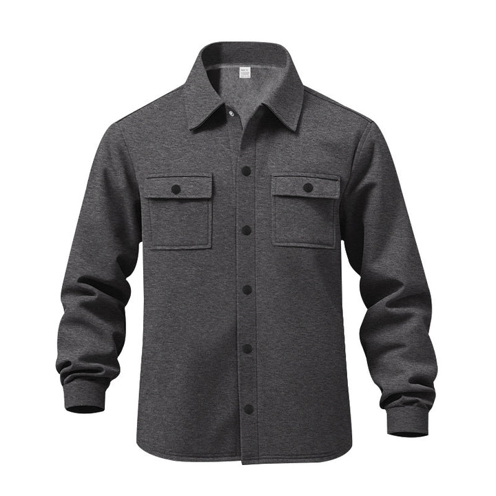Men's unlined shirt jacket with fleece lining, patch chest pockets and snap button placket StylebySassy