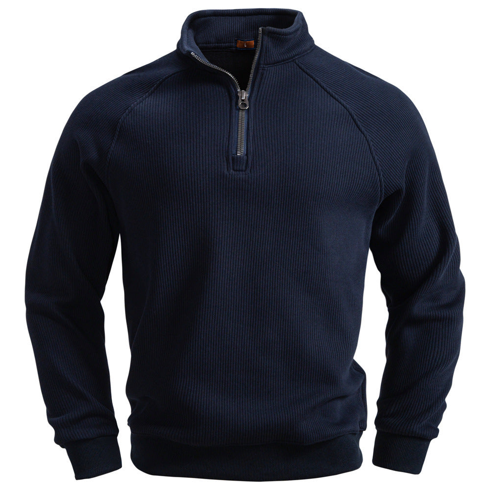 Men's fine ribbed half-zip pullover with stand-up collar, raglan sleeves, and elastic cuffs StylebySassy