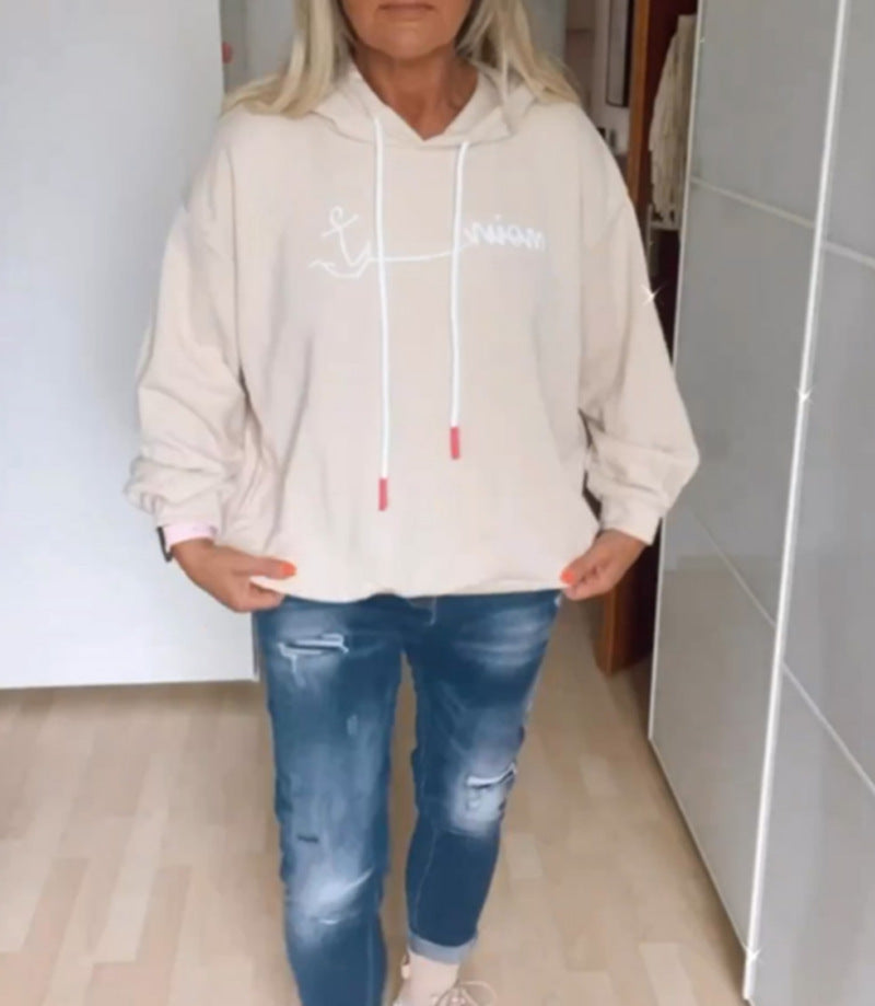 Women casual hoodie with minimalist line graphic, drawstring and ribbed hem StylebySassy
