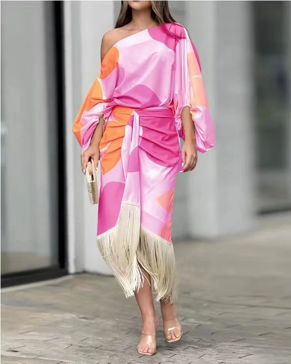 Women's nano asymmetrical draped midi dress with one-sided shoulder, voluminous sleeve cut and fringe hem StylebySassy