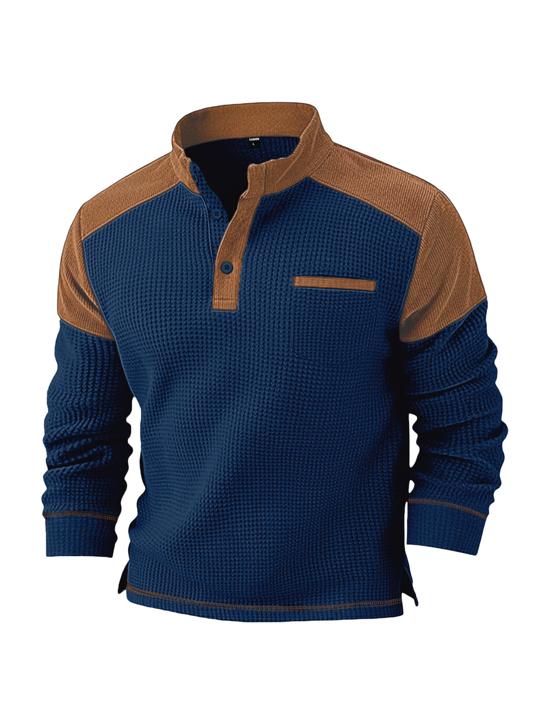 Men's waffle knit henley with stand-up collar, cord shoulder yoke and chest piping StylebySassy