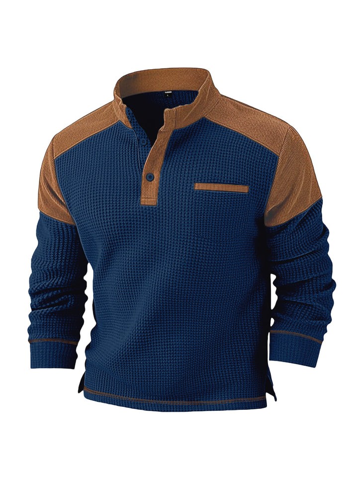 Men's waffle knit henley with stand-up collar, cord shoulder yoke and chest piping StylebySassy