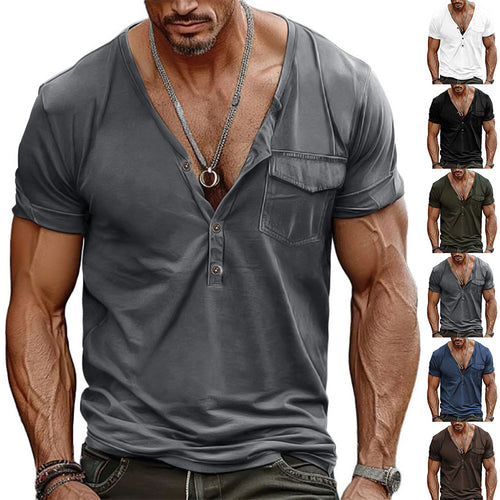 Men's nano athletic short sleeve shirt with deep V-neck, button placket and chest pocket StylebySassy