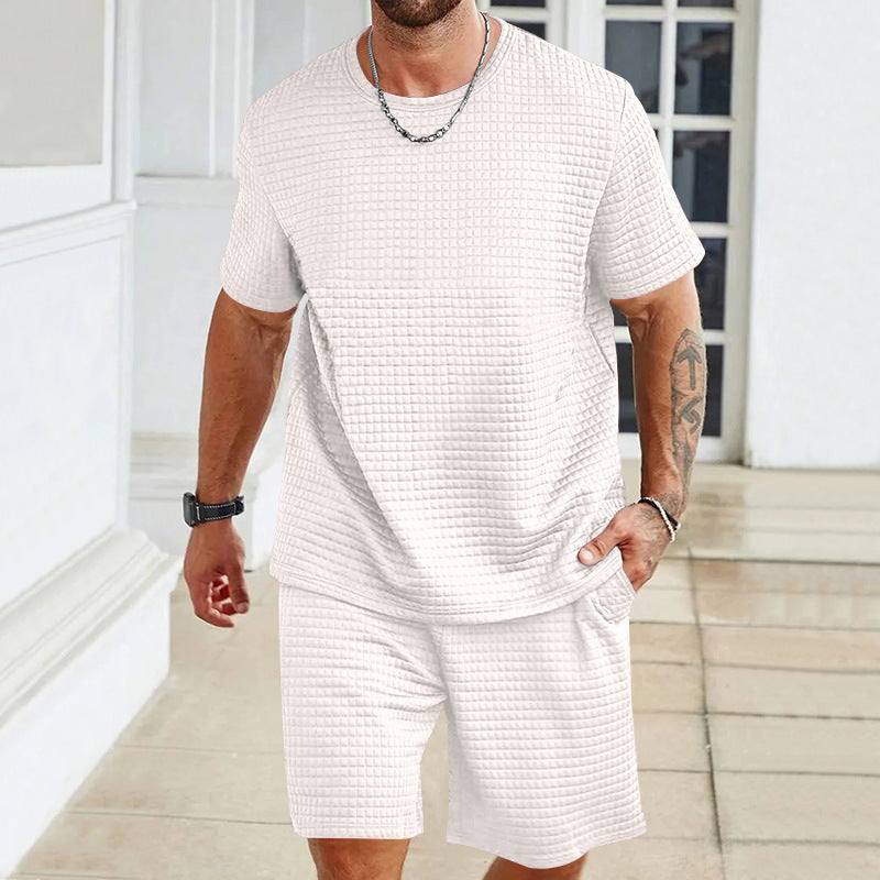 Men's light leisure two-piece set in waffle structure with round neck T-shirt and comfortable shorts StylebySassy