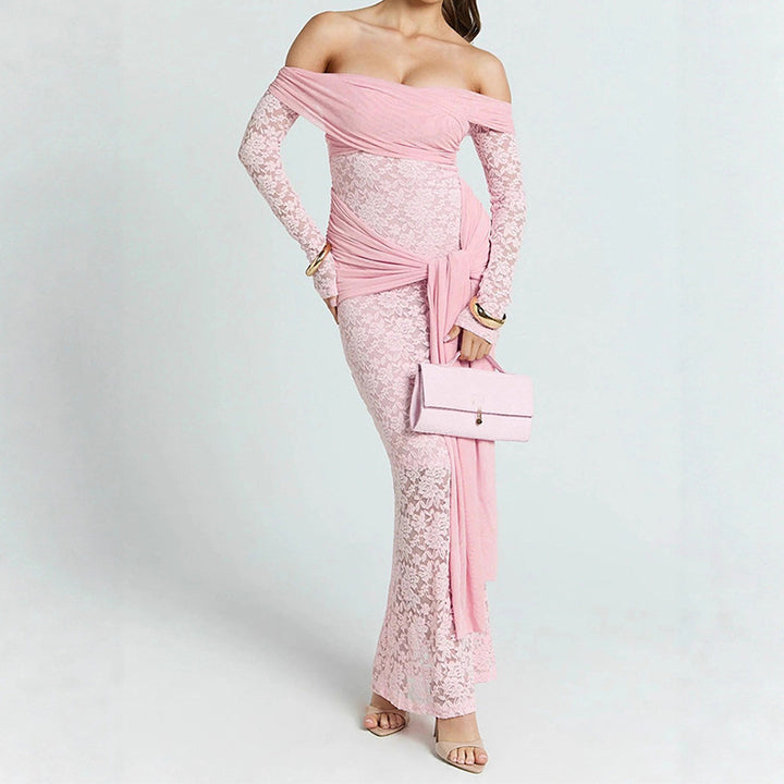 Women Elegant Lace Dress with Off-Shoulder Neckline and Draping StylebySassy