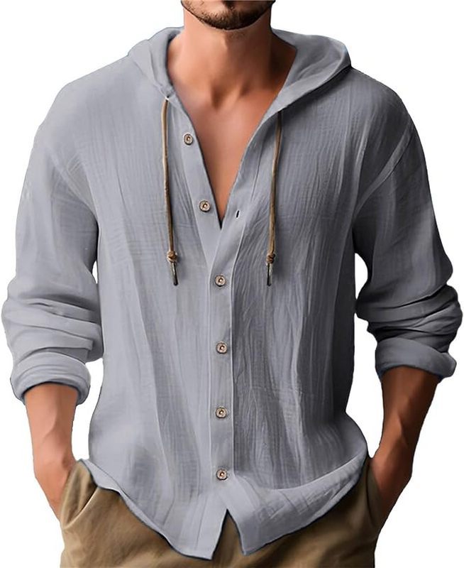 Men's crinkled short-sleeve hooded shirt made of cotton with button placket and drawstring StylebySassy