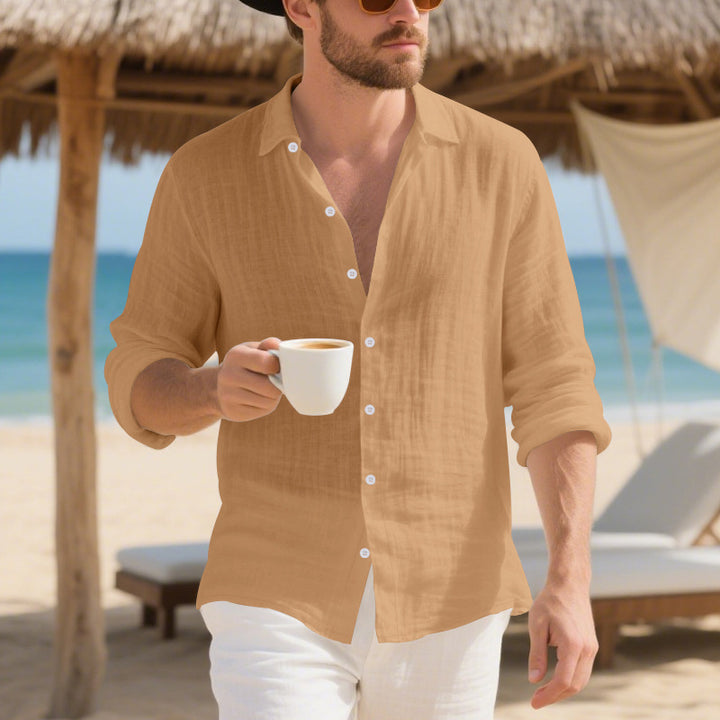 Men's casual linen shirt with open kent collar, rolled-up sleeves and rounded hem StylebySassy