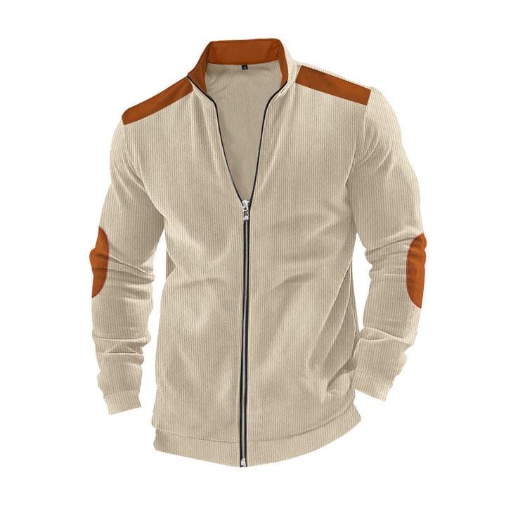 Men's ribbed leisure jacket with stand-up collar, full-length zipper and elbow and shoulder patches StylebySassy