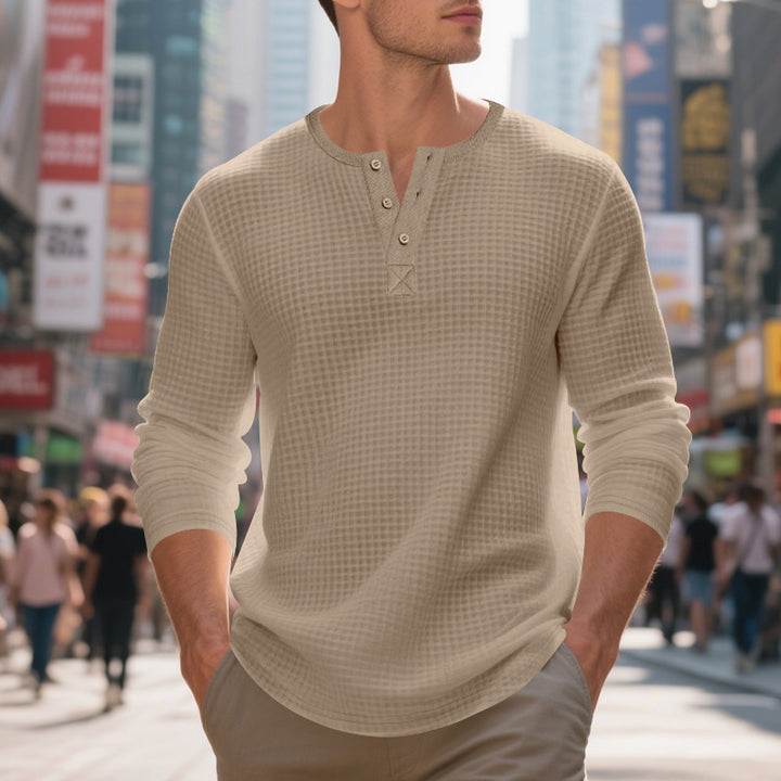 Men's nano thermoregulating waffle thermal shirt with short button placket and rounded hem StylebySassy