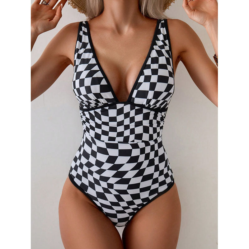 Women's one-piece swimsuit with creative checkered pattern StylebySassy