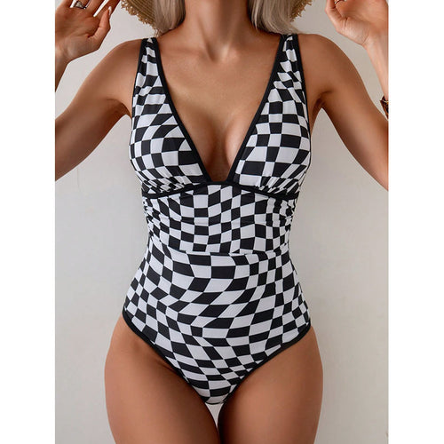 Women's one-piece swimsuit with creative checkered pattern StylebySassy