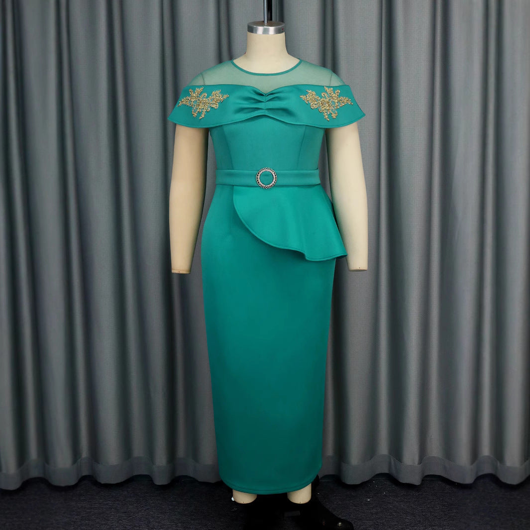 Women Elegant Maxi Dress with Transparent Sleeves and Decorative Appliqués StylebySassy