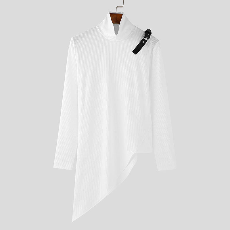 Women's asymmetrical long sleeve top made of fine knit with stand-up collar, diagonal hem, and adjustable shoulder strap StylebySassy