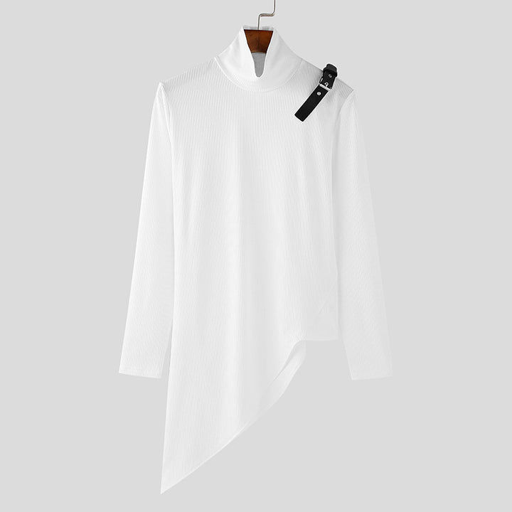 Women's asymmetrical long sleeve top made of fine knit with stand-up collar, diagonal hem, and adjustable shoulder strap StylebySassy
