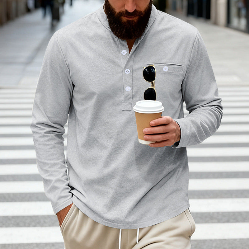 Men's casual long-sleeve Henley shirt made of cotton blend with chest pocket StylebySassy