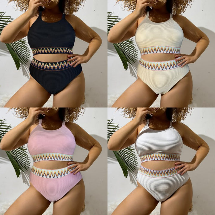 Ladies Sporty Two-Piece Swimsuit with Unique Cut-Out Design and Colorful Banner Pattern StylebySassy