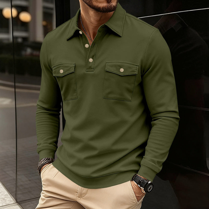 Men's fitted long sleeve polo shirt with shirt collar and applied breast pockets StylebySassy