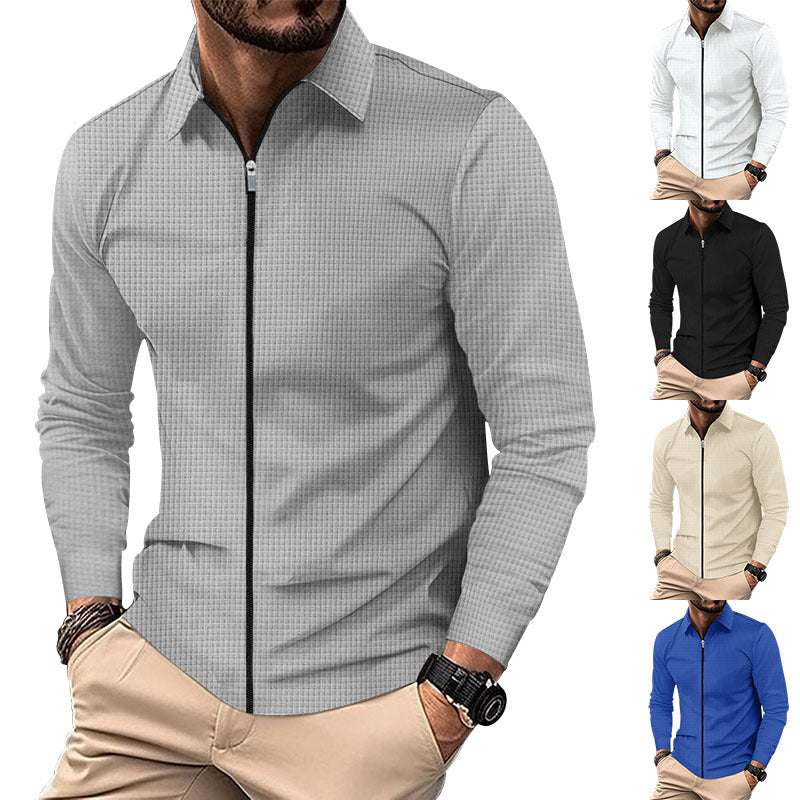 Men's structured long-sleeve polo in waffle knit with shirt collar and narrow shoulder section StylebySassy