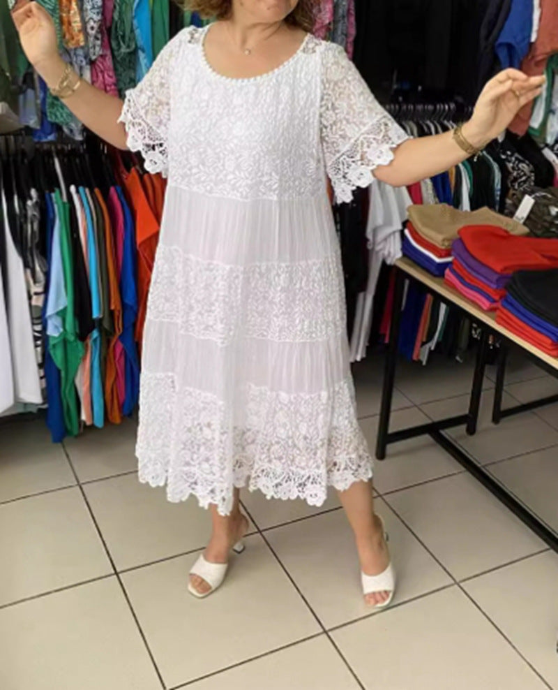 Women's multi-layered lace midi dress with pleated inserts and flounce sleeves StylebySassy