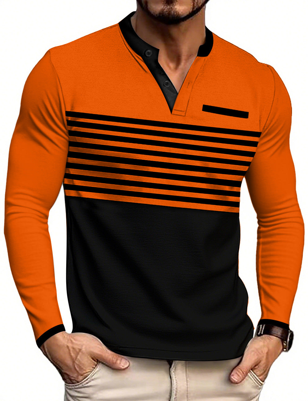 Men's modern long sleeve polo with Henley placket striped chest part and stand-up collar StylebySassy