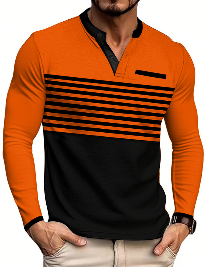 Men's modern long sleeve polo with Henley placket striped chest part and stand-up collar StylebySassy