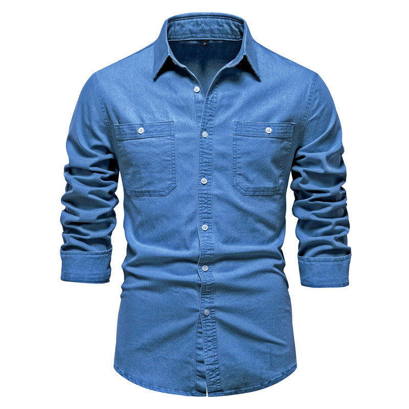 Men's narrow cut denim shirt with Kent collar and patch chest pockets StylebySassy