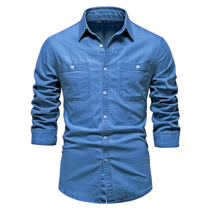 Men's narrow cut denim shirt with Kent collar and patch chest pockets StylebySassy