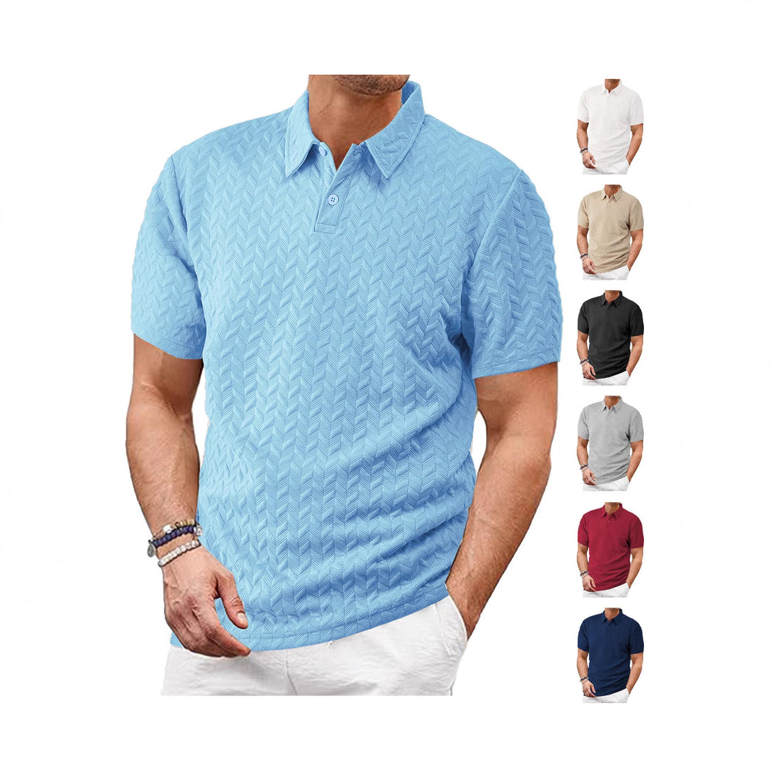 Men's structured short sleeve knit collar shirt with chevron pattern StylebySassy
