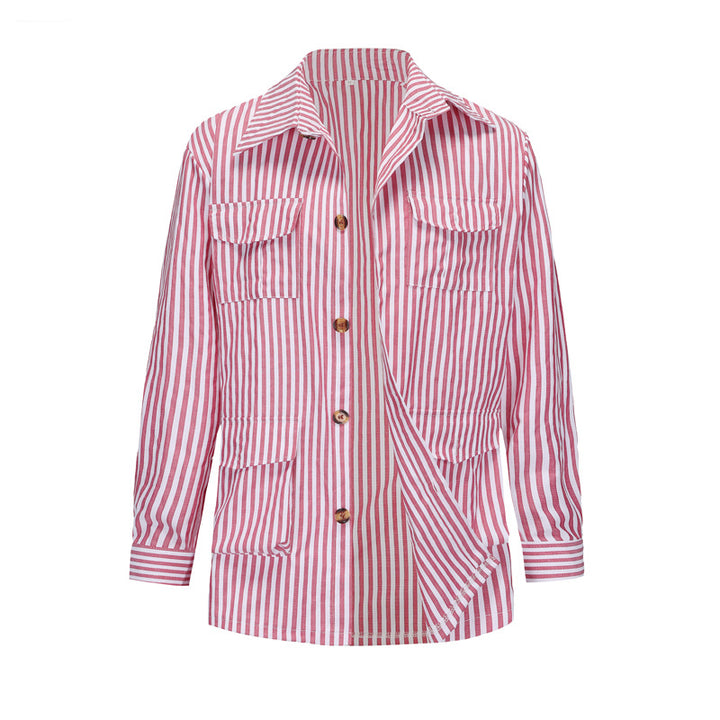 Women's striped shirt jacket made of cotton blend with patch breast and hip pockets StylebySassy