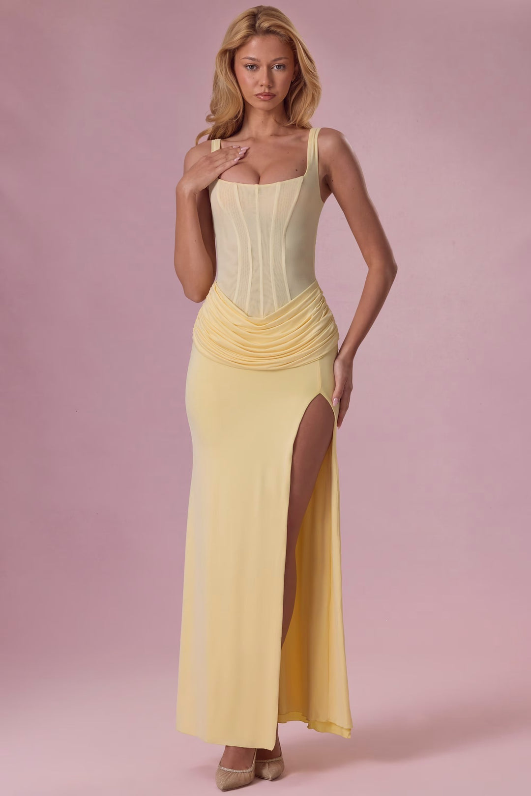 Ladies Charming Maxi Dress with Structured Corset and High Slit StylebySassy