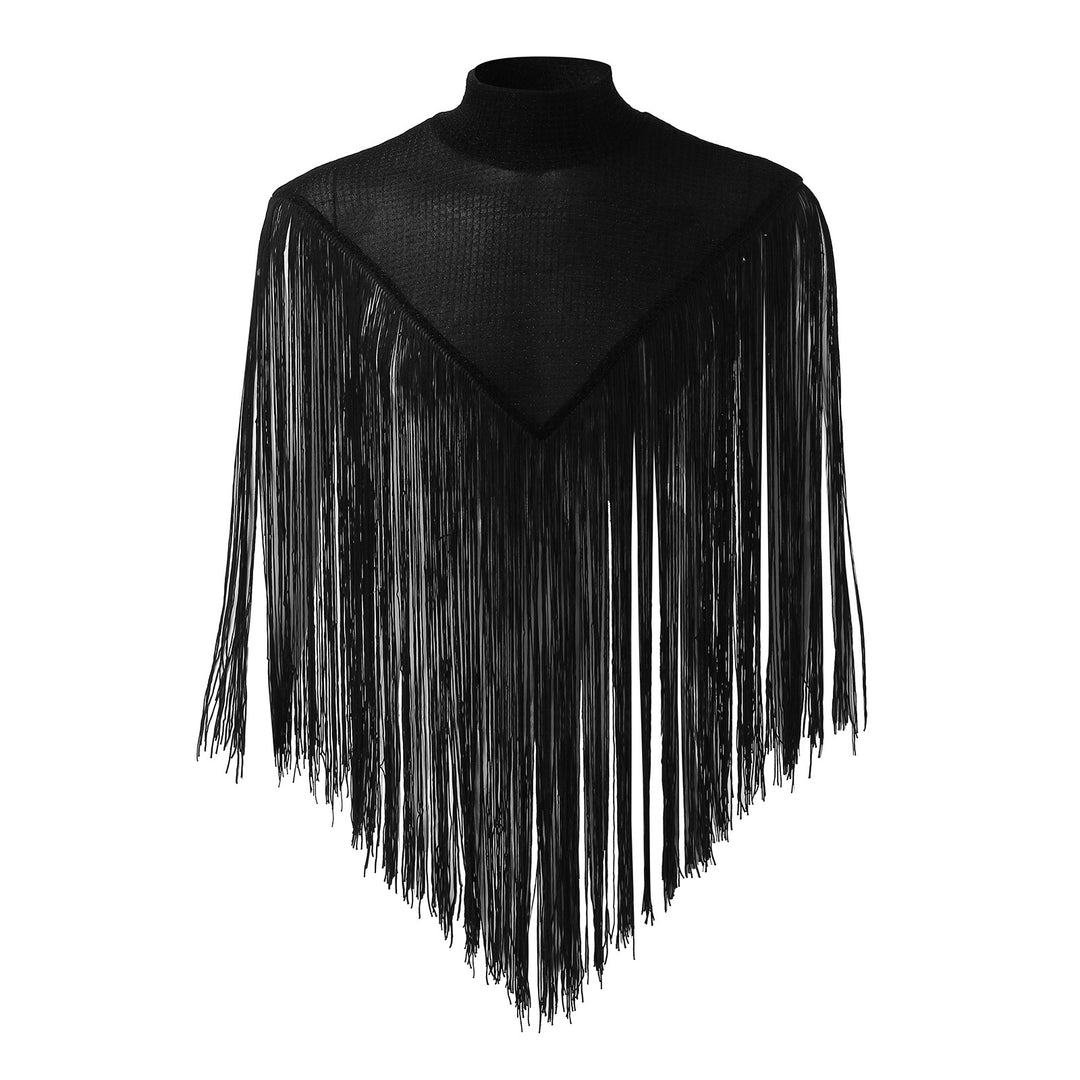 Ladies long fringed cape with turtleneck and V-shaped insert StylebySassy
