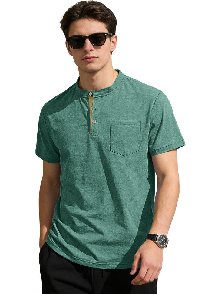 Men's structured cotton henley shirt with short stand-up collar button placket and chest pocket StylebySassy