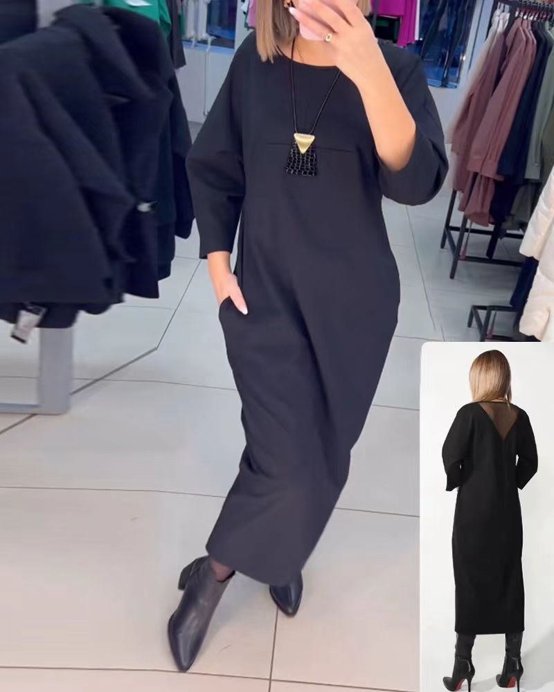 Women's straight maxi dress with ankle-length silhouette, half-length sleeves, side pockets, and transparent V-back StylebySassy