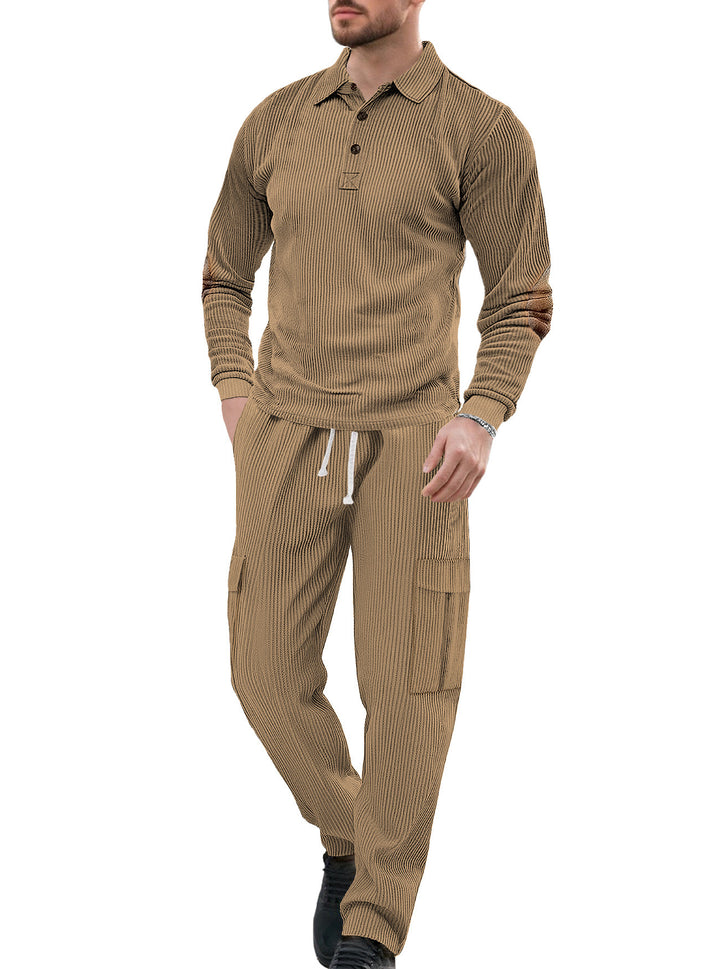Men's nano ribbed lounge set with polo collar elbow patches and cargo pants StylebySassy
