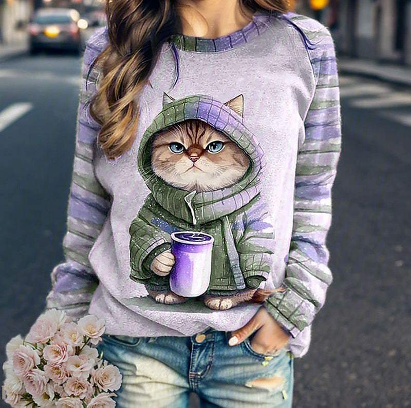 Women's casual sweatshirt with large kitten front print and striped raglan sleeves StylebySassy