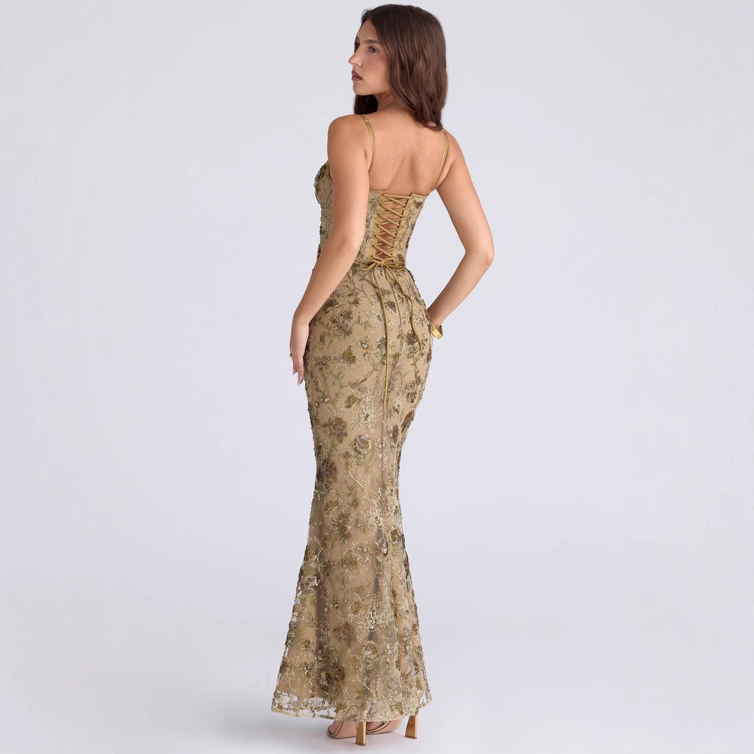 Ladies elegant embroidered evening dress with corset top and transparent lace overlay StylebySassy