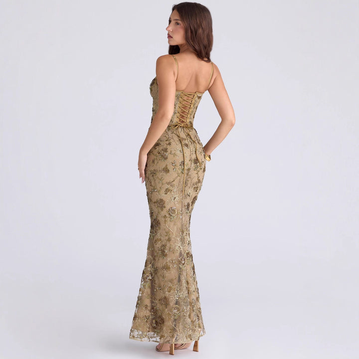 Ladies elegant embroidered evening dress with corset top and transparent lace overlay StylebySassy
