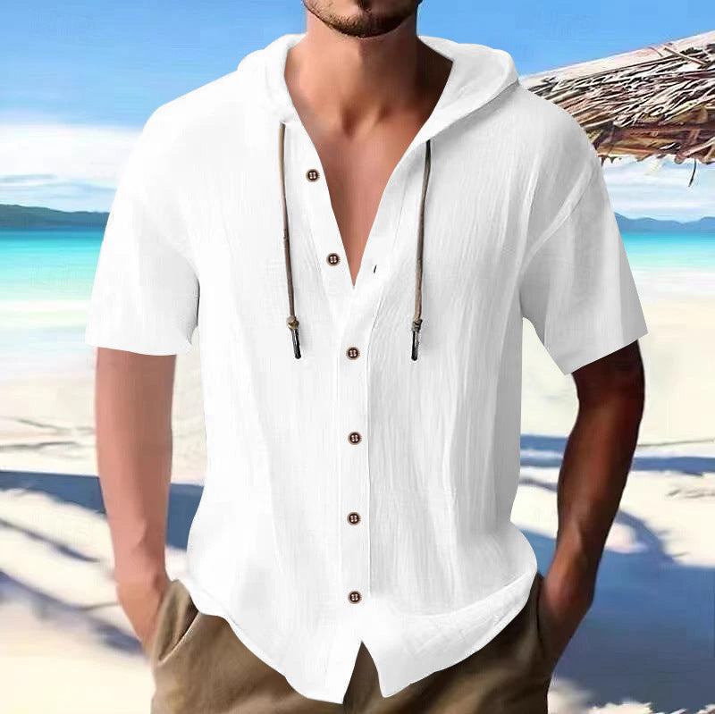 Men's lightweight short-sleeve hooded shirt with button placket and breathable cotton blend StylebySassy