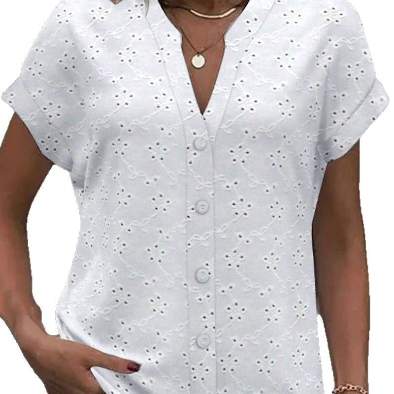 Women's light ajour lace blouse with V-neck, continuous button placket, and rolled short sleeves StylebySassy